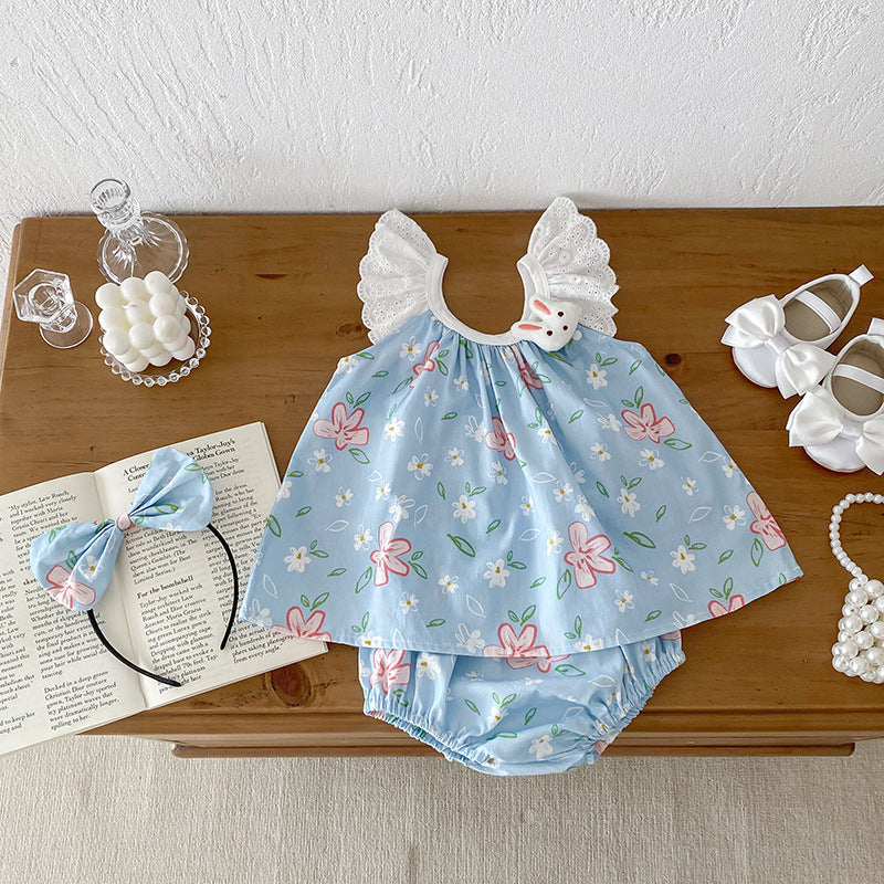Summer Girls Flowers Pattern Sleeveless Lace Strap Onesies And Clothing Set – Sister Matching Clothing Set-1