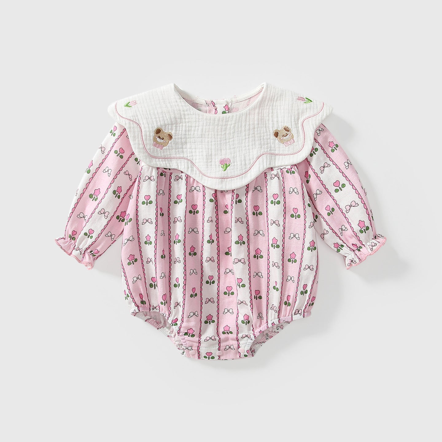Arrival Autumn Baby Girls Flowers and Striped Pattern Long Sleeves Onesies with Collar-4