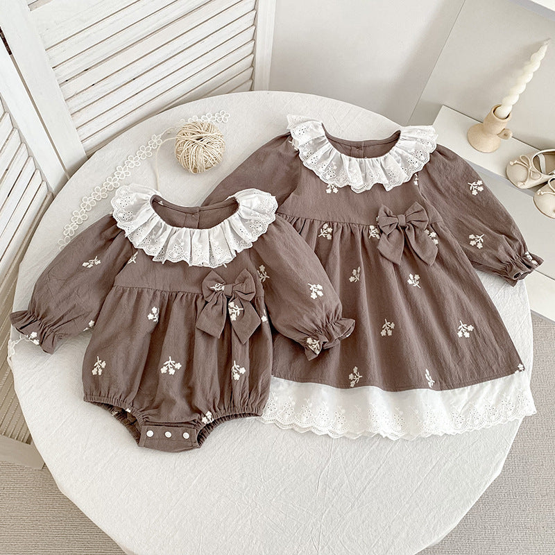 Autumn Hot Selling Baby Kids Girls Flowers Embroidered Pattern Long-sleeved Onesies and Dress – Princess Sister Matching Set-3