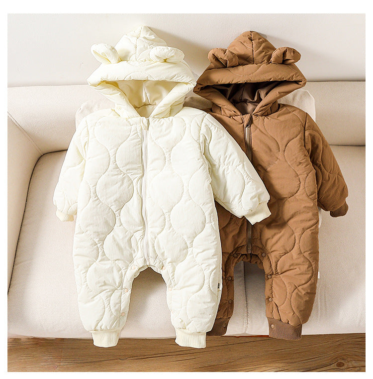 Autumn and Winter Arrival Baby Unisex Solid Color Hooded Cozy Long Sleeves Casual Thickened Rompers-4