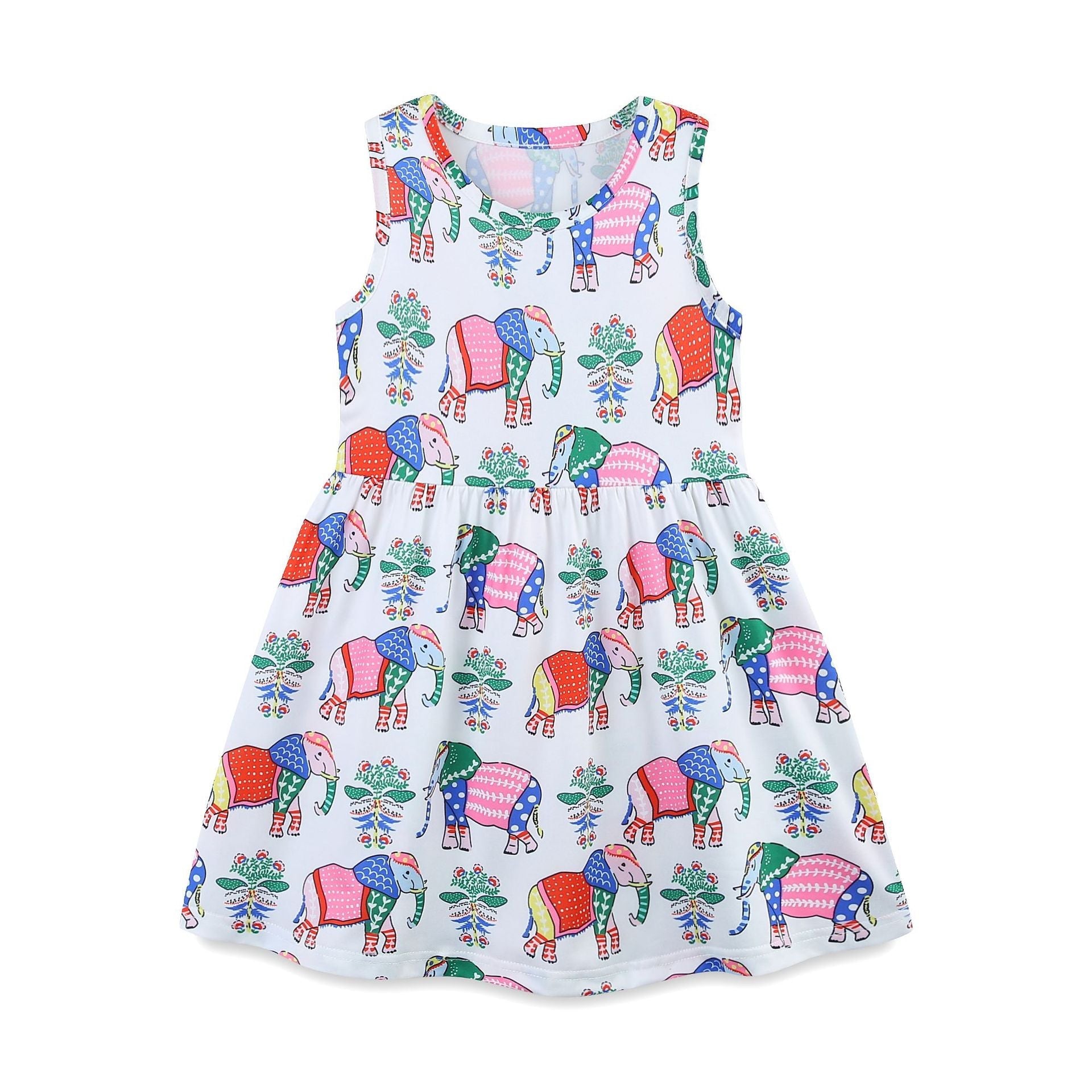 Summer Arrival Colorful Flowers and Elephants Pattern Sleeveless Crew Neck Dress for Stylish Girls-4