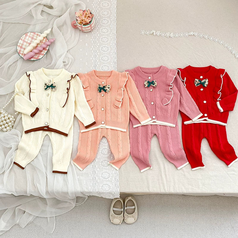 Aankomst Herfst Baby Meisjes Lange Mouwen Kleur Patchwork Jacquard Patroon Gebreid Top Vest en Lange Broek Kleding Set-2