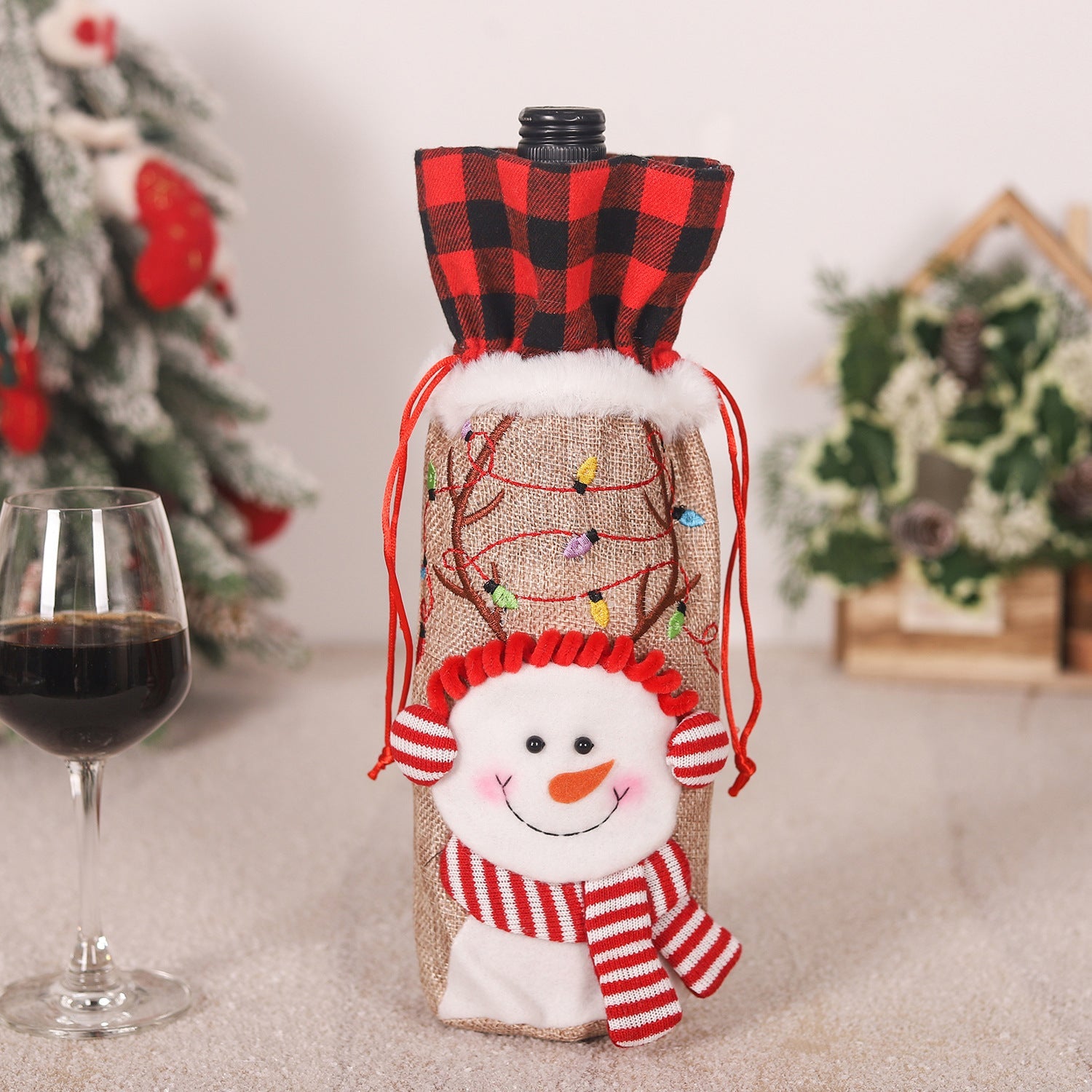 Red and Black Checkered Burlap Wine Bottle Embroidered Christmas Doll Tote Bag-4
