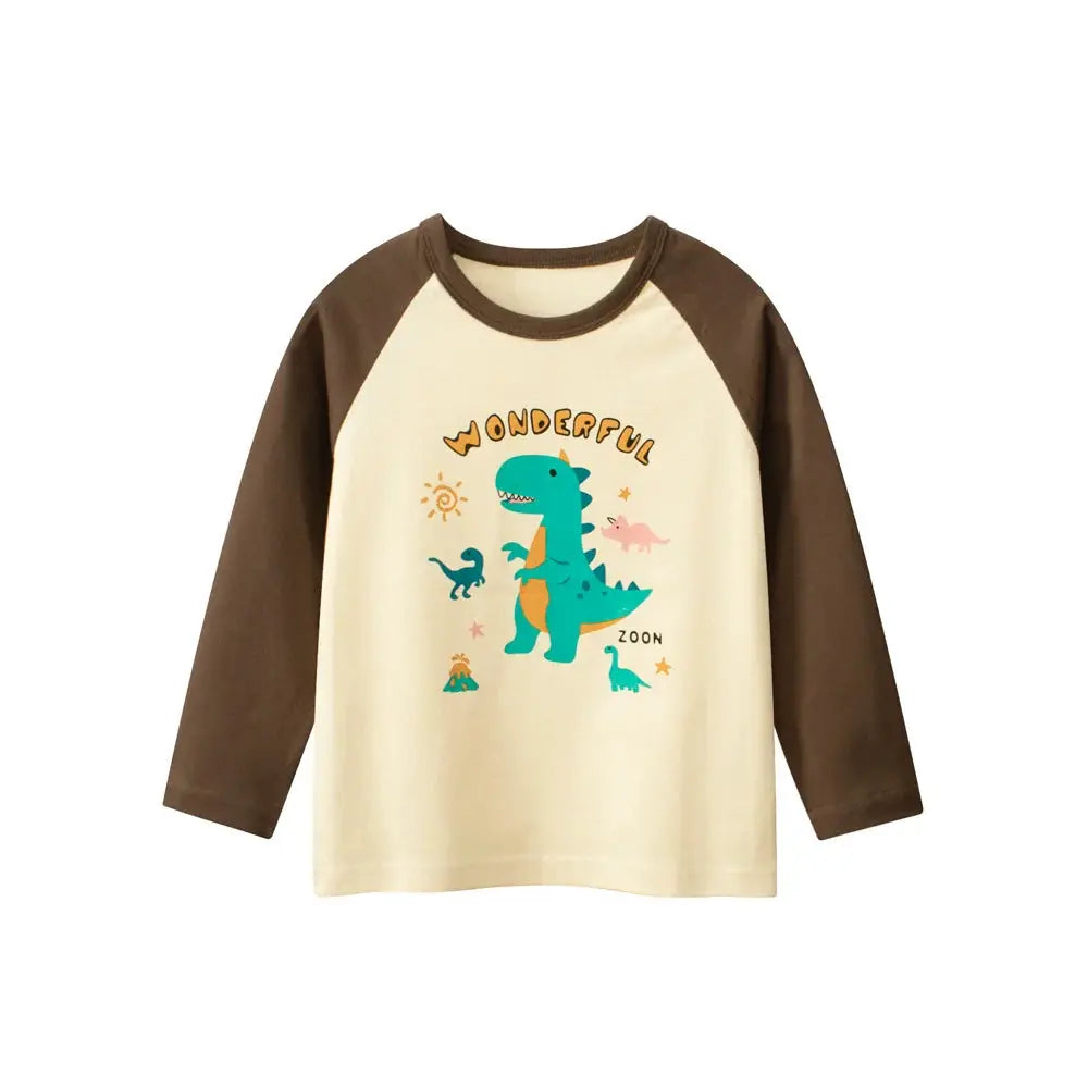 Autumn Baby Kids Boys Letters and Dinosaur Print Color Patchwork Long Sleeves Crew Neck Base Top Shirt-0