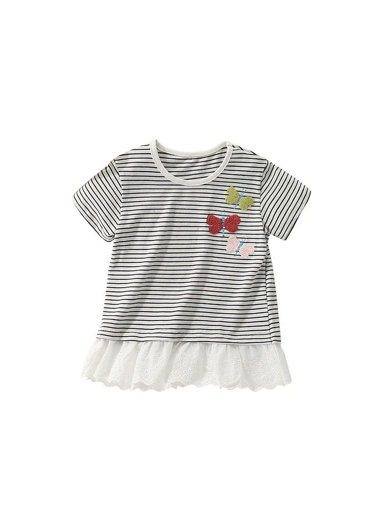 Summer Girls’ Butterfly Pattern Striped T-shirt in European and American Style-4