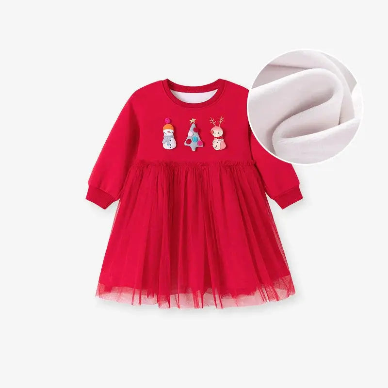Autumn and Winter Warm Arrival Christmas Cartoon Pattern Long Sleeves Crew Neck Dress for Stylish Girls-0