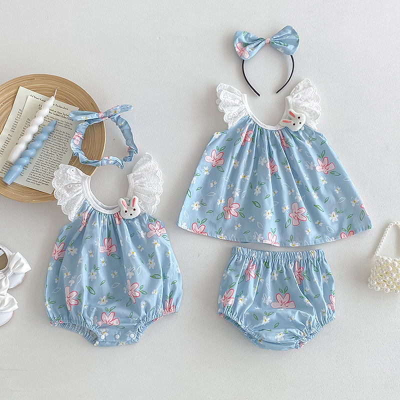 Summer Girls Flowers Pattern Sleeveless Lace Strap Onesies And Clothing Set – Sister Matching Clothing Set-0