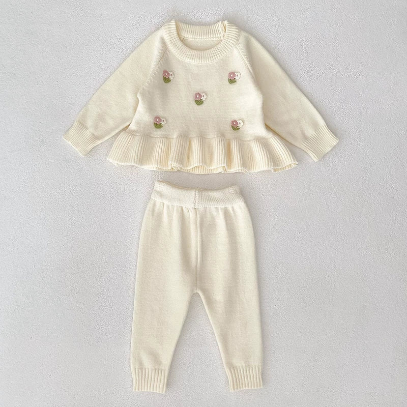 Arrival Autumn Baby Girls Long Sleeves Flowers Pattern Knitted Top with Solid Color Long Trousers Clothing Set-4