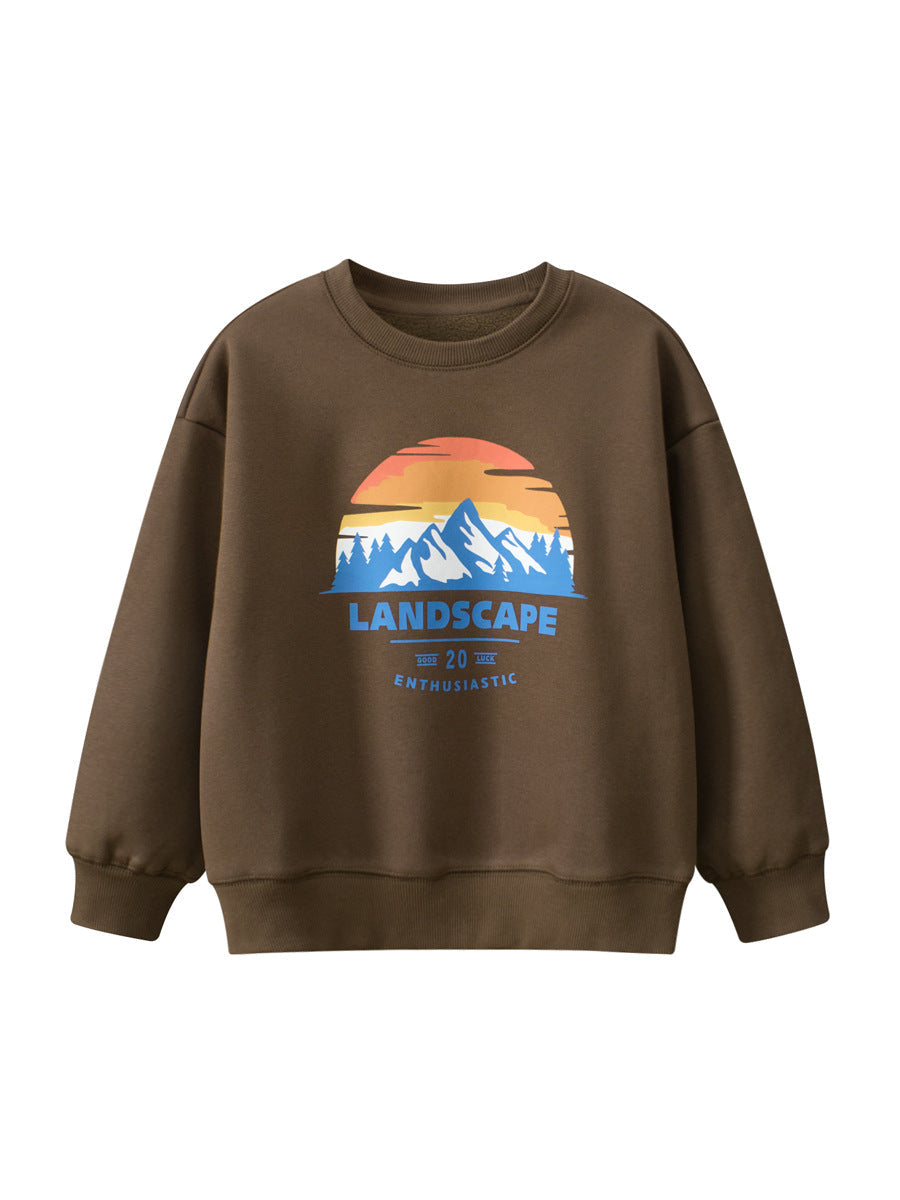 Winter Arrival Boys Landscape Print Crew Neck Long Sleeves Thick Sweatshirt-0