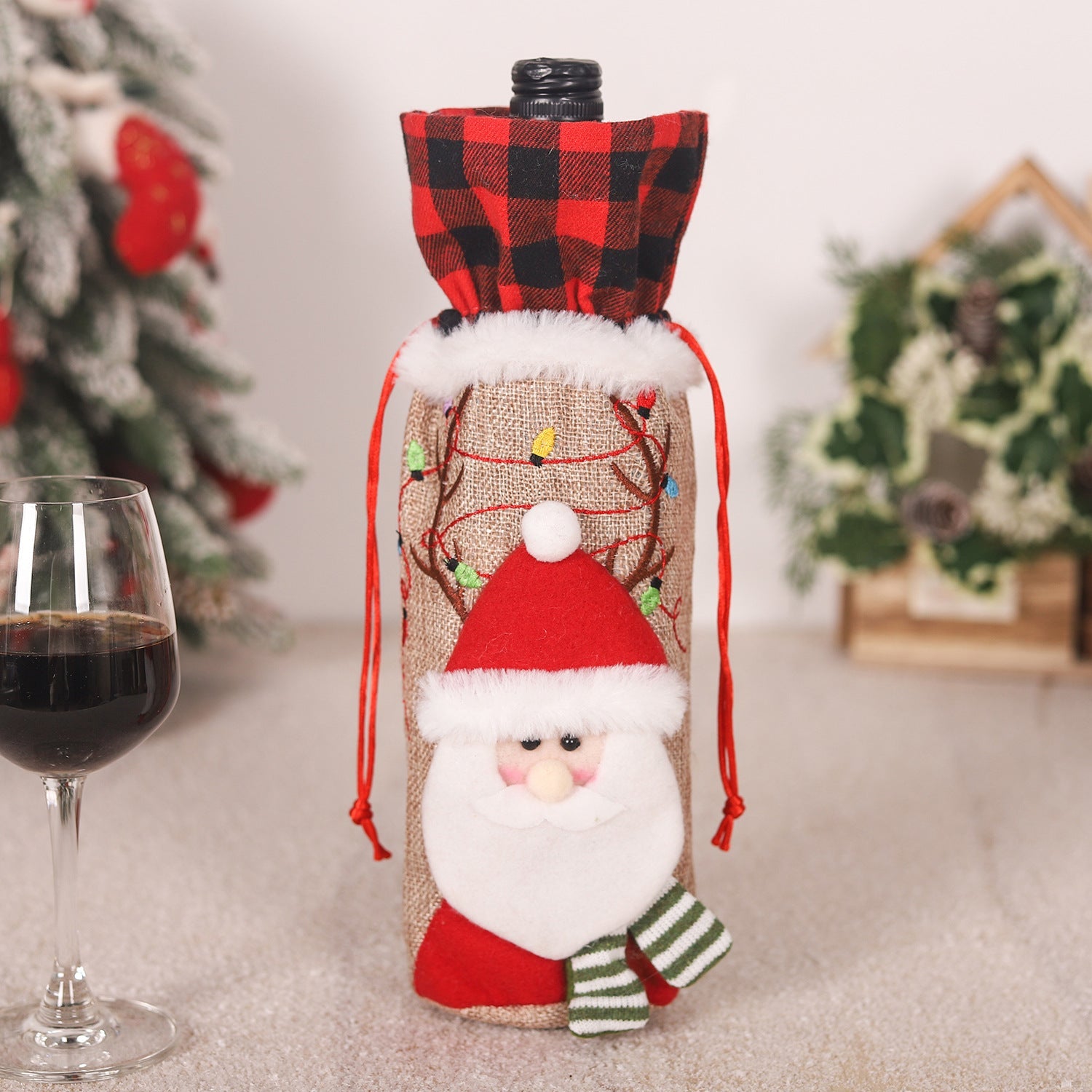 Red and Black Checkered Burlap Wine Bottle Embroidered Christmas Doll Tote Bag-5