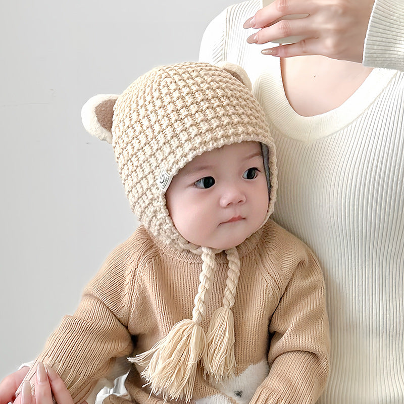 Winter and Autumn Plaid Pattern Warm Balaclava for Baby: Sweet Cute Ear Protector Hat-5