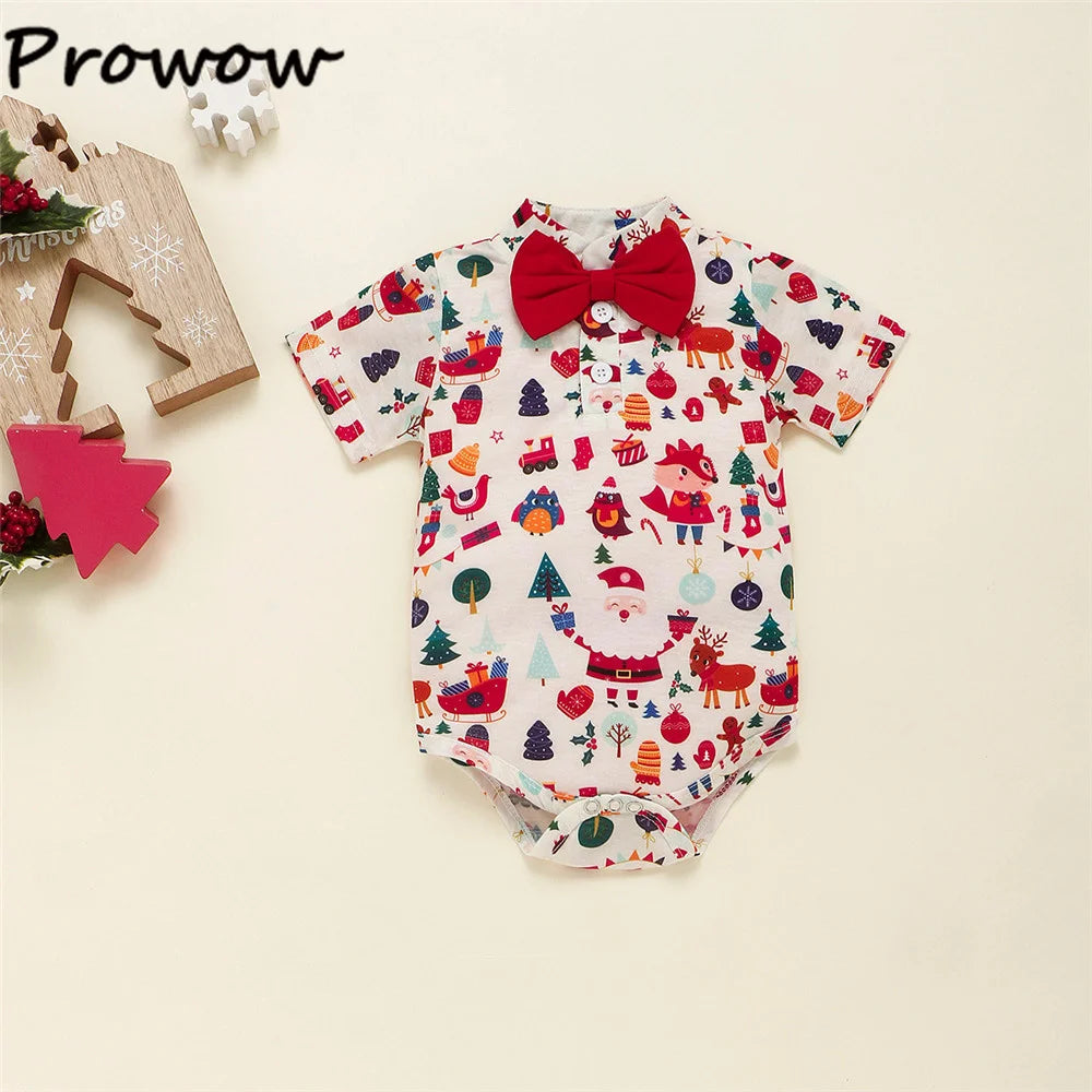 Newborn Baby Boy Christmas Outfit Set - Cartoon Fox and Deer Romper with Overalls, Ideal for Carnival and New Year Celebrations