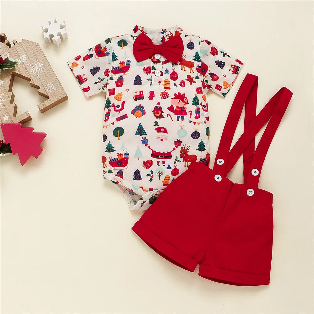 Newborn Baby Boy Christmas Outfit Set - Cartoon Fox and Deer Romper with Overalls, Ideal for Carnival and New Year Celebrations