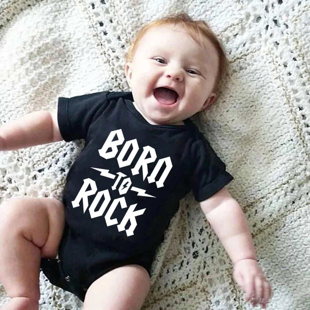 Newborn Baby Short Sleeve Cotton Bodysuit - Born to Rock Infant Jumpsuit for Boys