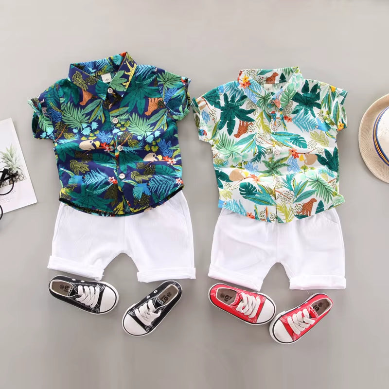 Summer Two-Piece Outfit for Baby Boys: Short-Sleeved Printed Shirt and Casual Shorts for Ages 0-5 Years