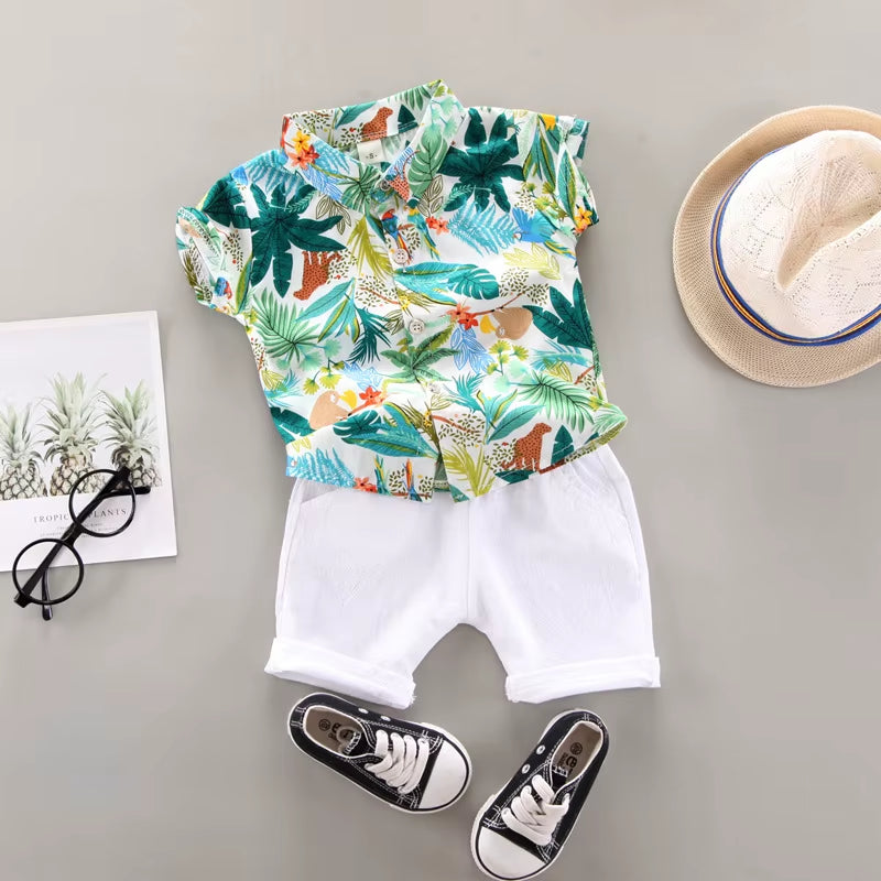 Summer Two-Piece Outfit for Baby Boys: Short-Sleeved Printed Shirt and Casual Shorts for Ages 0-5 Years