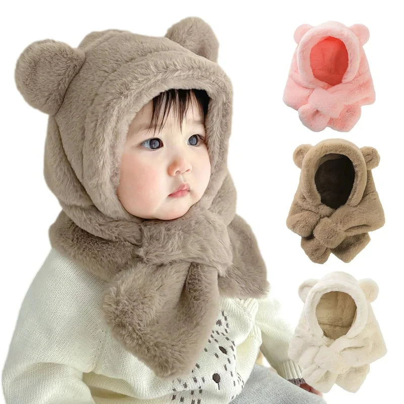 Winter Baby Hat and Scarf Set - Faux Fur Cartoon Bear Design, Warm and Windproof Beanie and Neck Cover for Infants and Toddlers