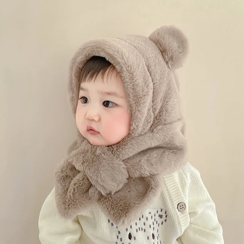 Winter Baby Hat and Scarf Set - Faux Fur Cartoon Bear Design, Warm and Windproof Beanie and Neck Cover for Infants and Toddlers