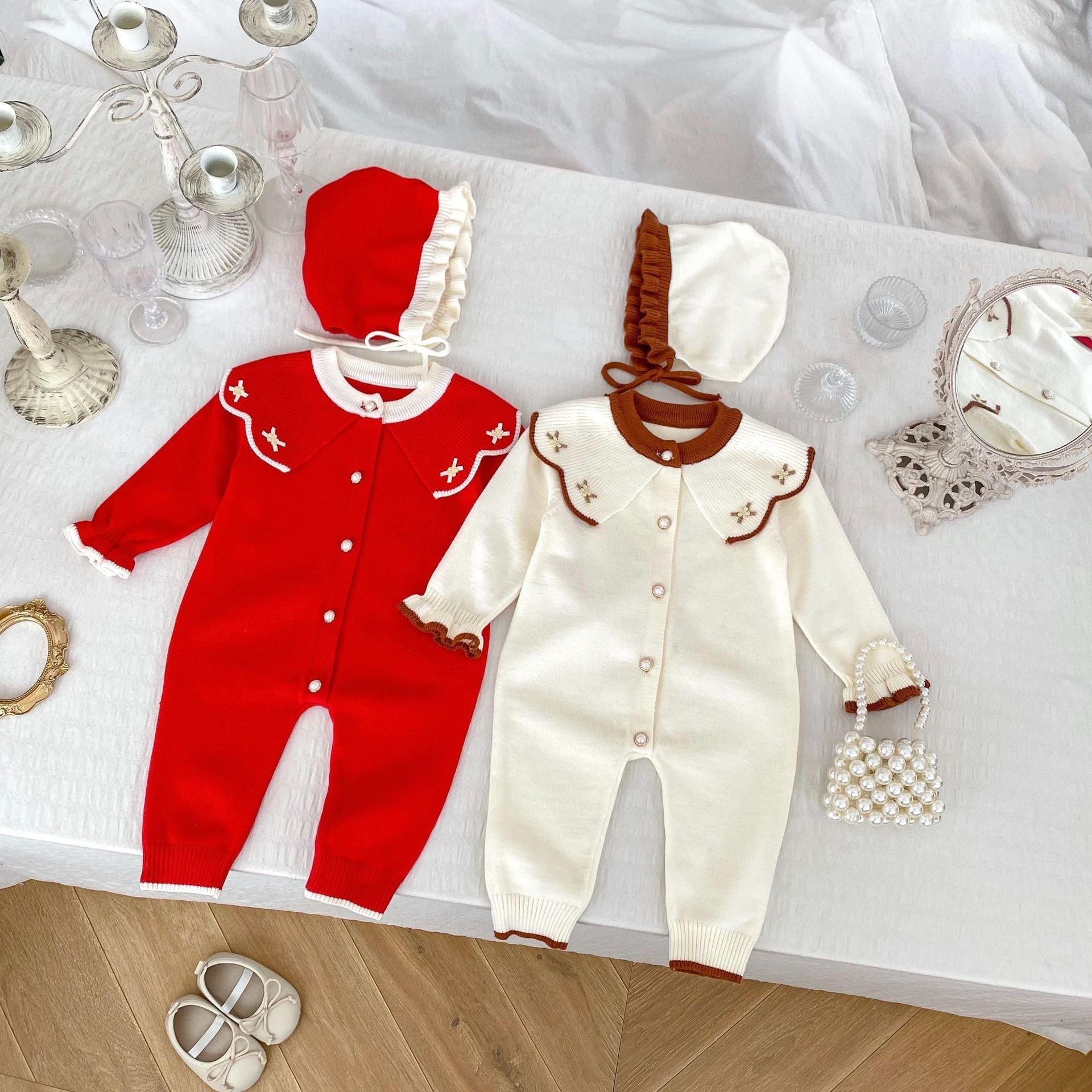Arrival Autumn Baby Girls Long Sleeves Flowers Pattern Collar Knitted Romper-0