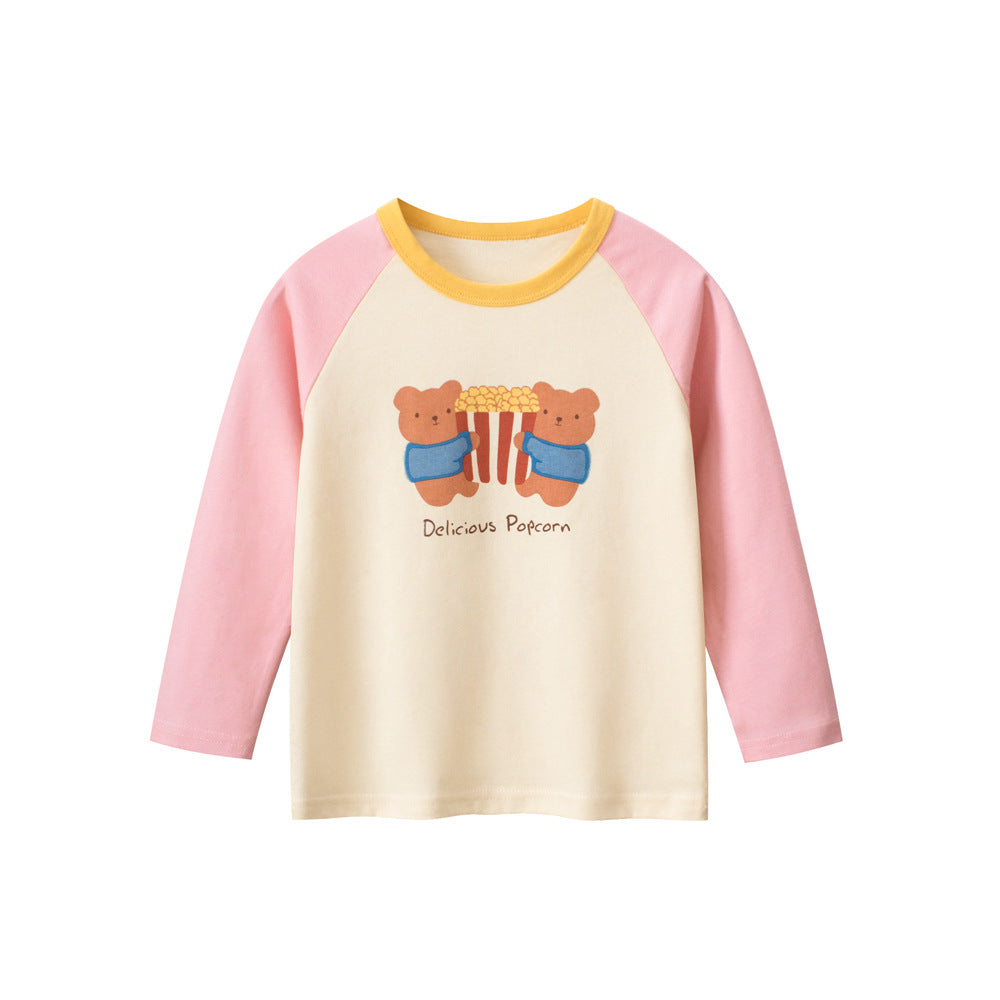 Kids Girls Animals Cartoon Print Crew Neck Long Sleeves Color Patchwork Shirt-0