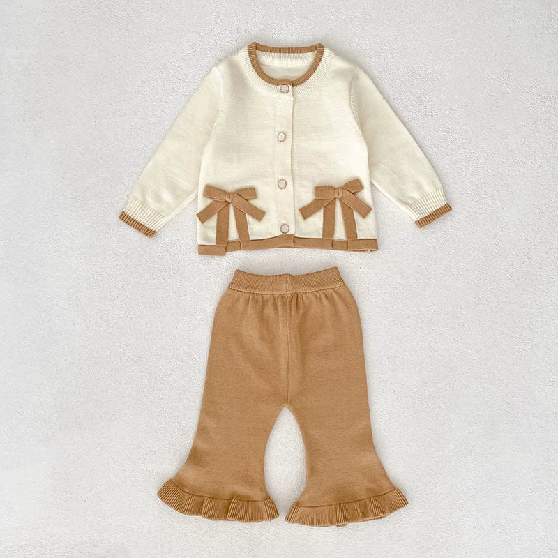 Arrival Autumn Baby Girls Long Sleeves Color Patchwork Butterfly-bows Decorated Knitted Top Cardigan and Long Trousers Clothing Set-1