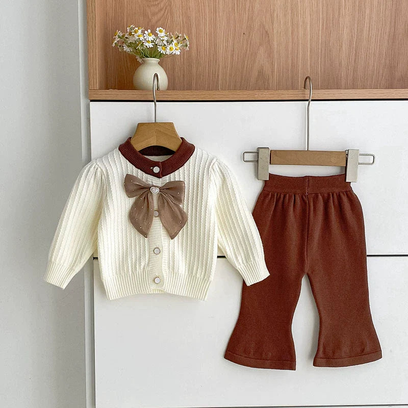 Arrival Autumn Baby Girls Long Sleeves Color Patchwork Jacquard Pattern Knitted Top Cardigan and Long Trousers Clothing Set-1