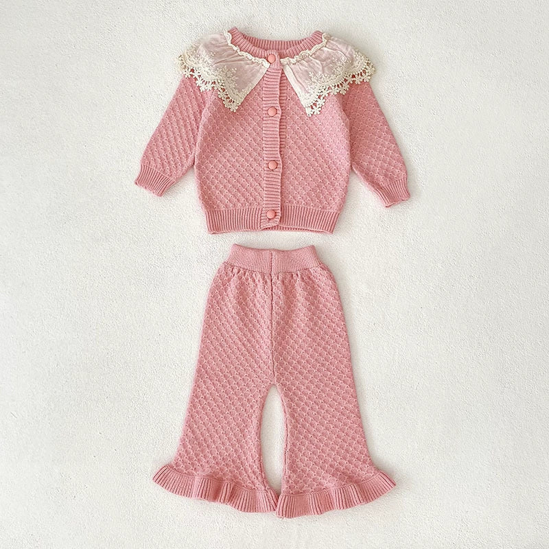 Arrival Autumn Baby Girls Long Sleeves Color Patchwork Geometric Jacquard Pattern Knitted Top Cardigan and Long Trousers Clothing Set-1