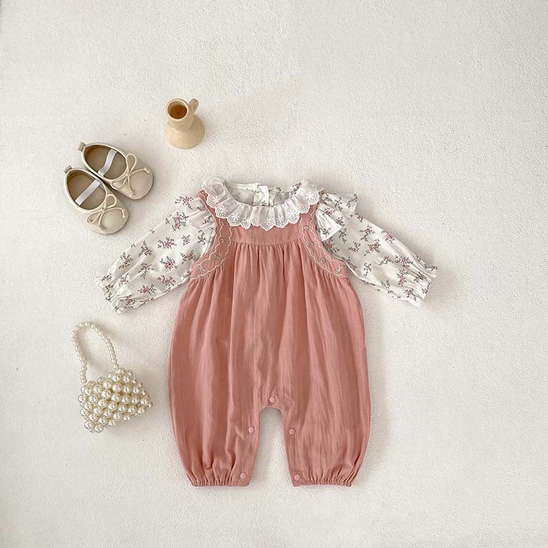 Arrival Autumn Baby Girls Floral Print Long Sleeves Top And Pink Strap Overalls Romper Clothing-1