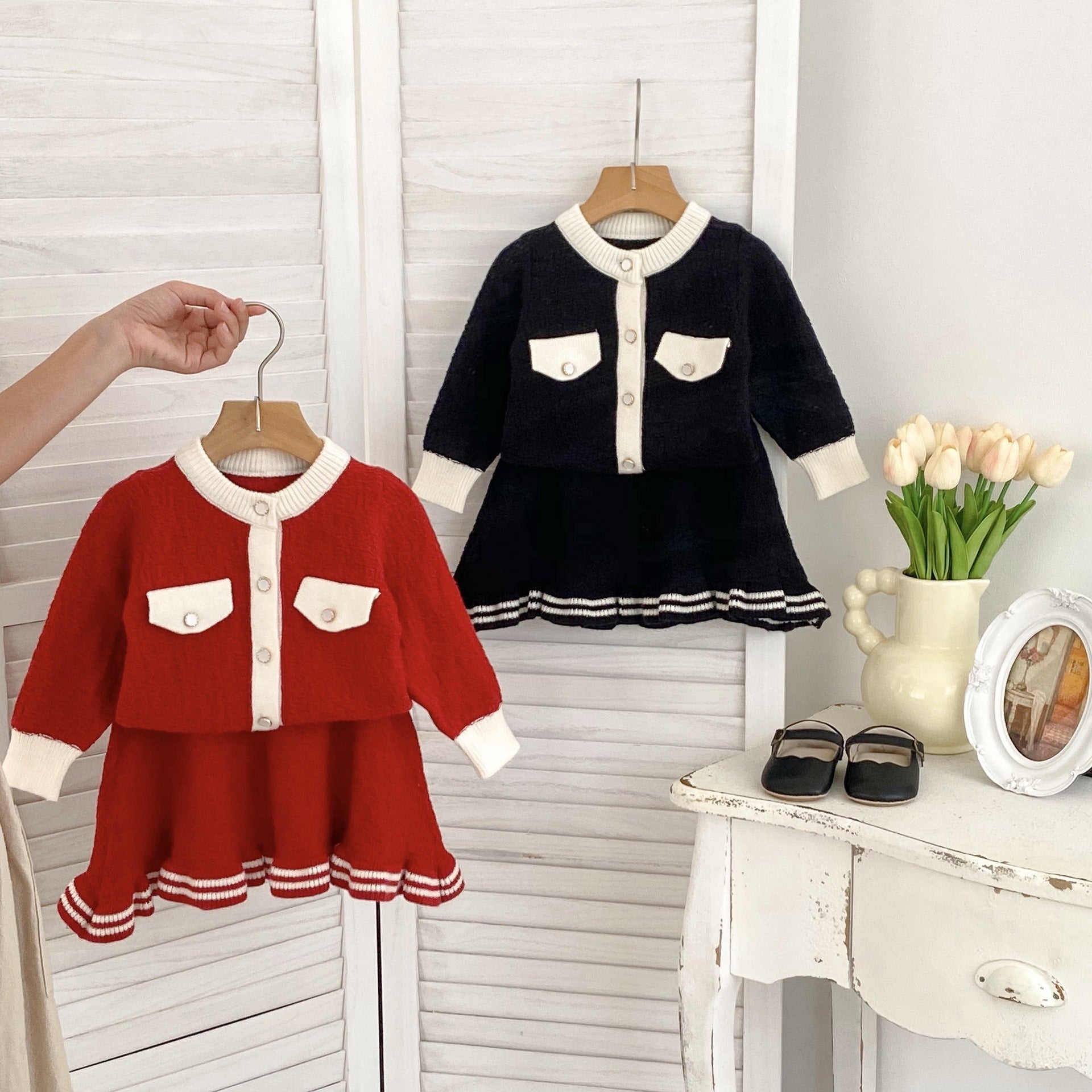 Arrival Autumn Baby Girls Long Sleeves Simple Color Patchwork Knitted Cardigan and Skirt – Clothing Set-1