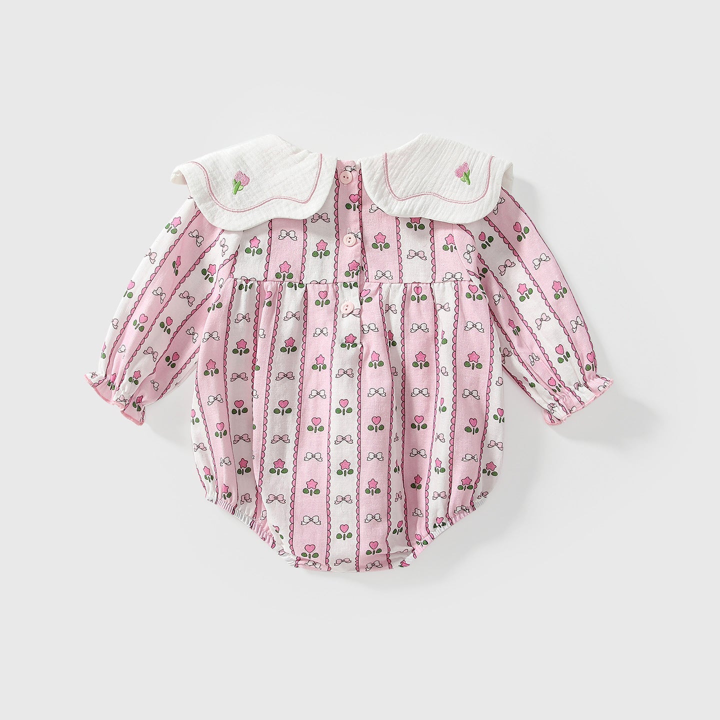 Arrival Autumn Baby Girls Flowers and Striped Pattern Long Sleeves Onesies with Collar-1