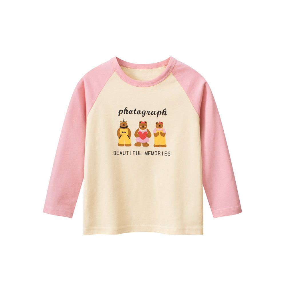 Kids Girls Animals Cartoon Print Crew Neck Long Sleeves Color Patchwork Shirt-1