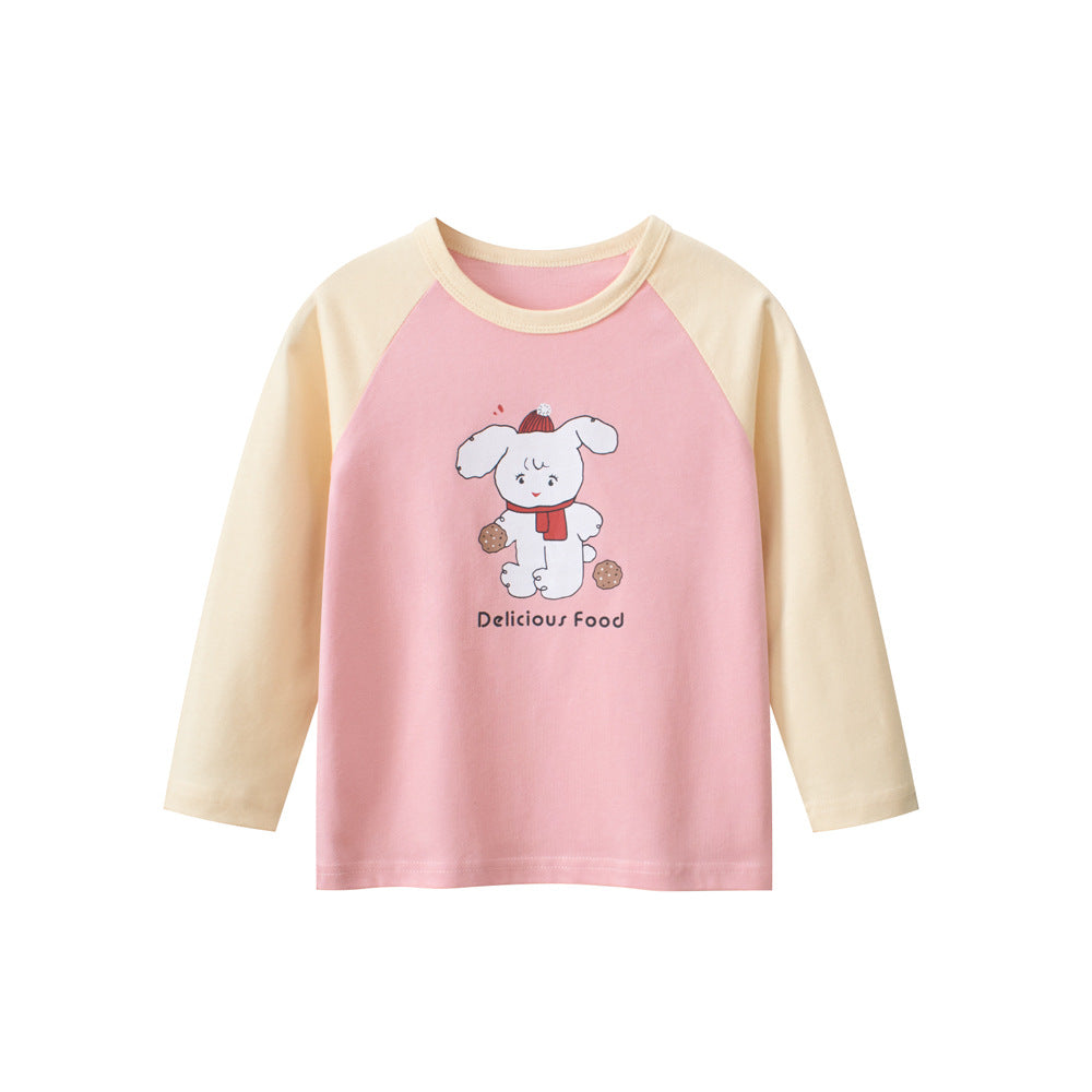 Kids Girls Animals Cartoon Print Crew Neck Long Sleeves Color Patchwork Shirt-2