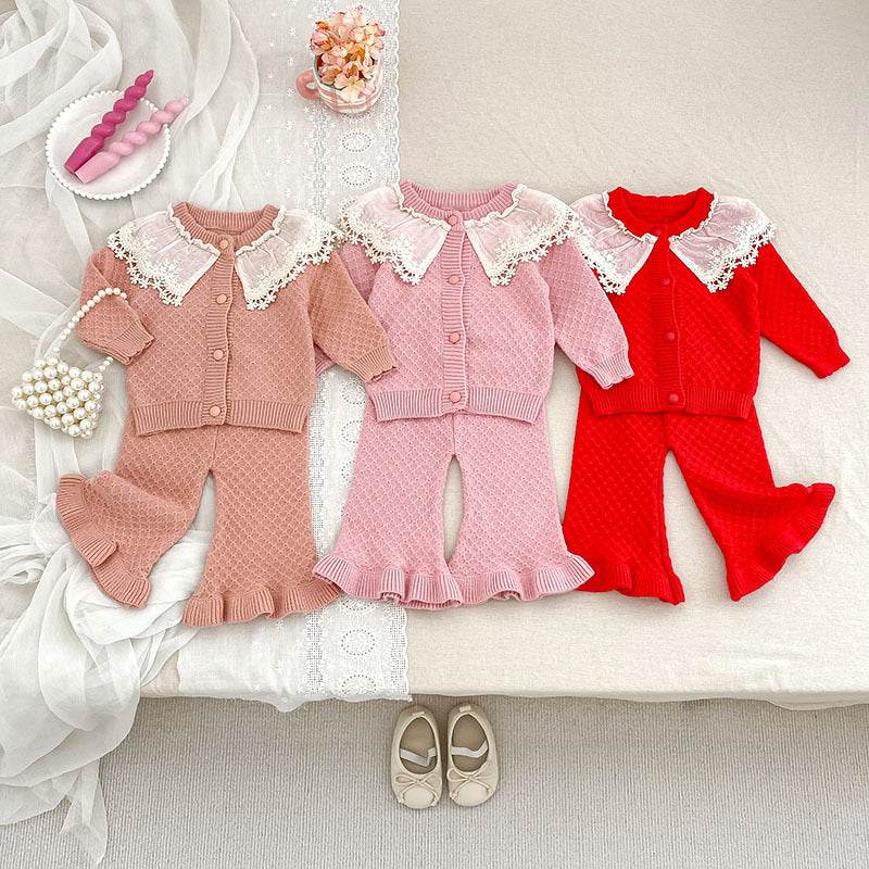 Arrival Autumn Baby Girls Long Sleeves Color Patchwork Geometric Jacquard Pattern Knitted Top Cardigan and Long Trousers Clothing Set-0