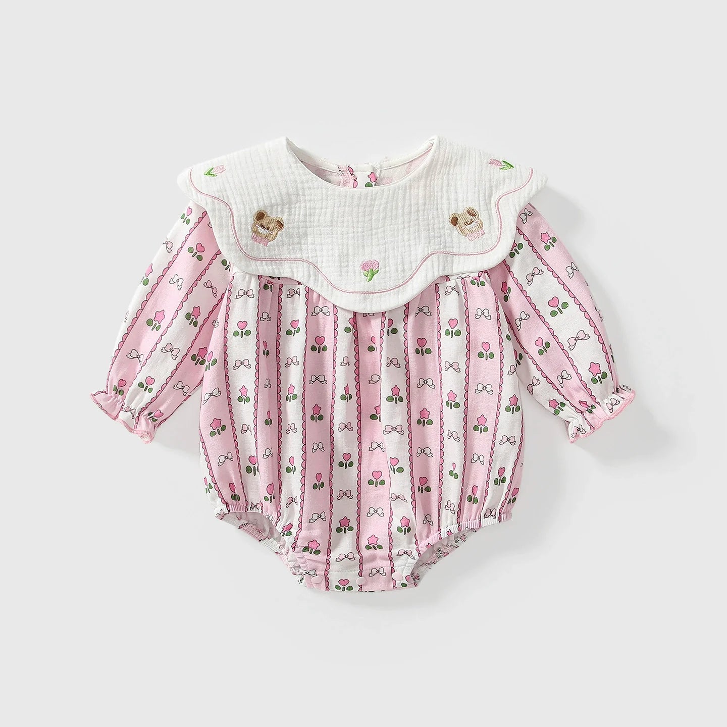 Arrival Autumn Baby Girls Flowers and Striped Pattern Long Sleeves Onesies with Collar-0
