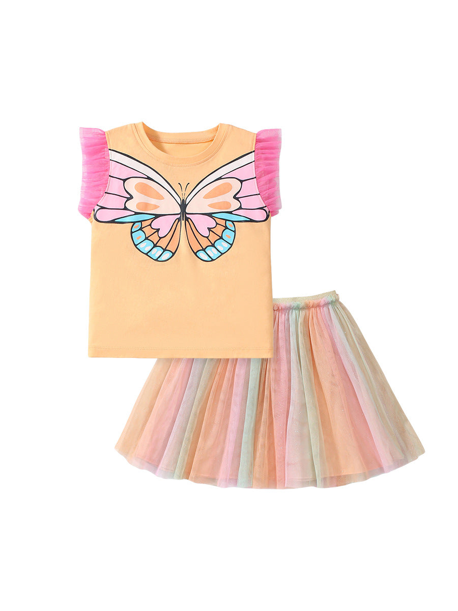 Arrival Summer Baby Kids Girls Butterfly Design Lace Sleeves Top And Pleated Skirt Clothing Set-0