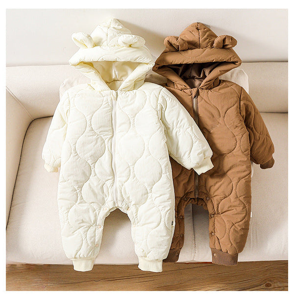 Autumn and Winter Arrival Baby Unisex Solid Color Hooded Cozy Long Sleeves Casual Thickened Rompers-4
