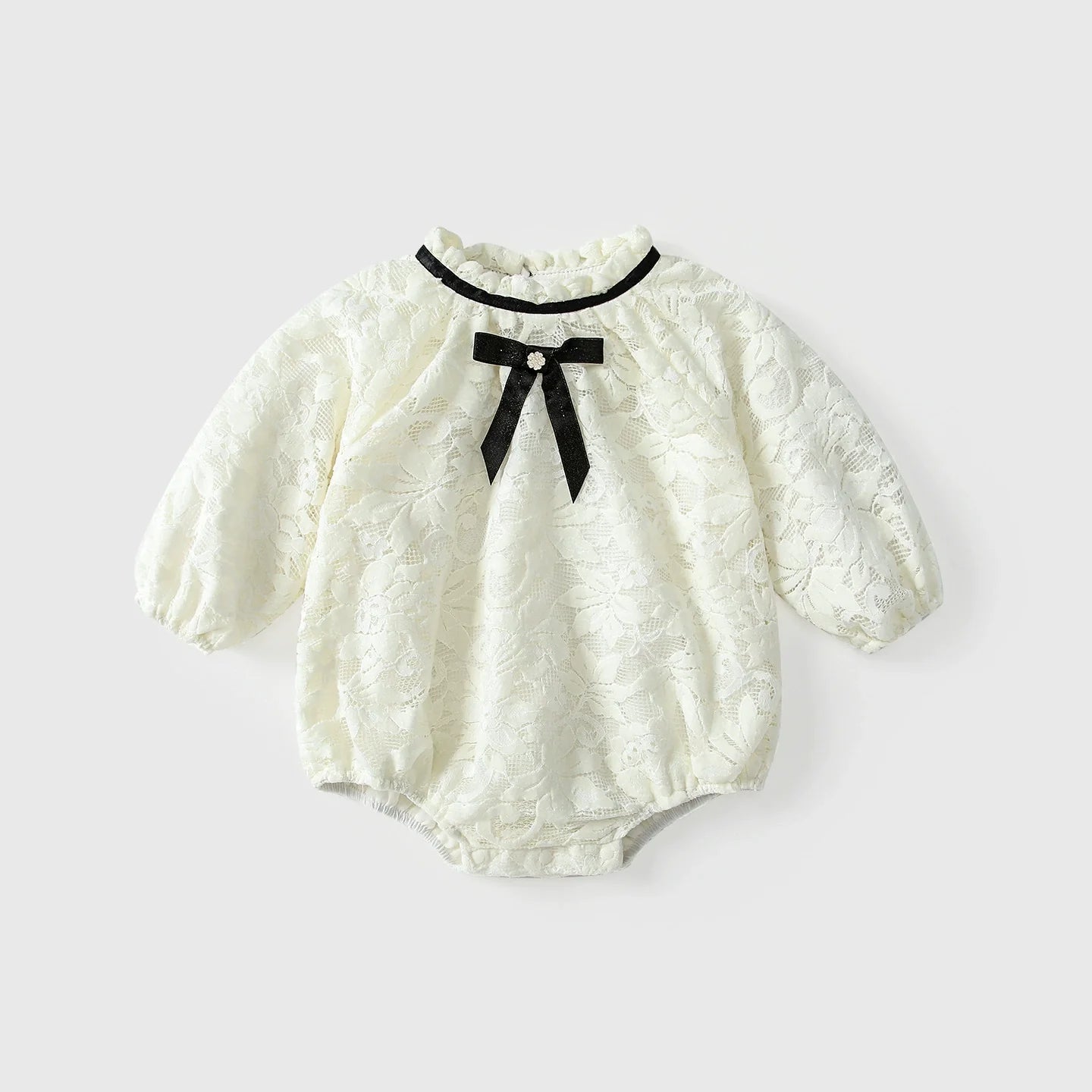 Arrival Autumn Baby Girls Lace and Flowers Long Sleeves Beige Onesies-0