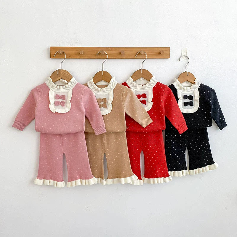 Arrival Autumn Baby Girls Long Sleeves Color Patchwork Dots Pattern Knitted Top Sweater and Long Trousers Clothing Set-0
