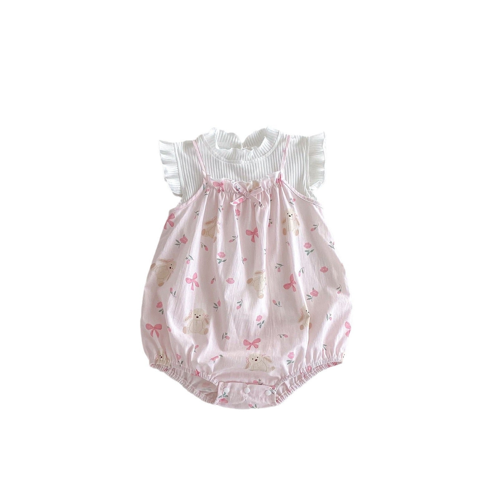 Arrival Summer Baby Kids Girls Flowers Pattern Sleeveless Strap Onesies And White Fly Sleeves Elastic T-Shirt Set-1