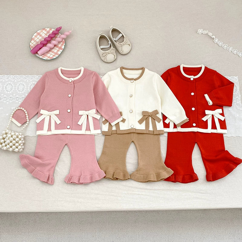 Arrival Autumn Baby Girls Long Sleeves Color Patchwork Butterfly-bows Decorated Knitted Top Cardigan and Long Trousers Clothing Set-0