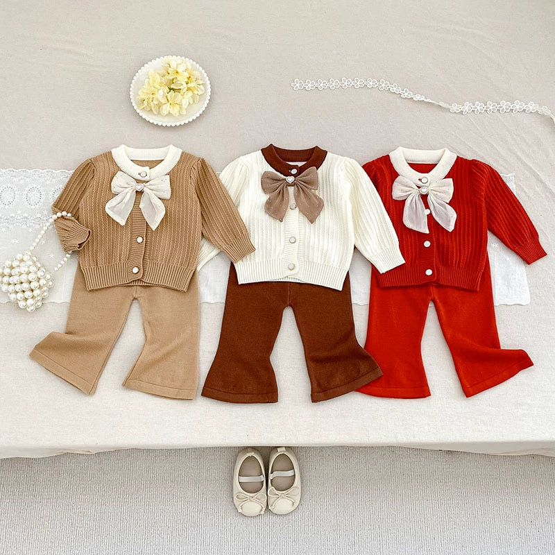 Arrival Autumn Baby Girls Long Sleeves Color Patchwork Jacquard Pattern Knitted Top Cardigan and Long Trousers Clothing Set-0