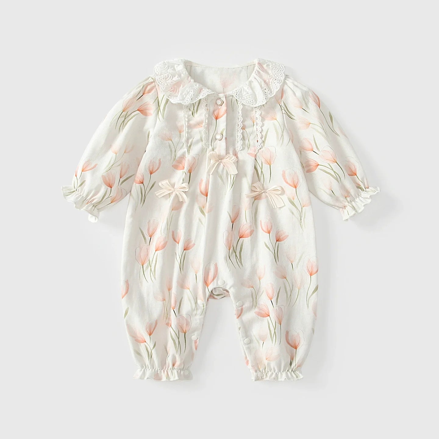 Arrival Autumn Baby Girls Flowers Pattern Long Sleeves Rompers with Collar-0