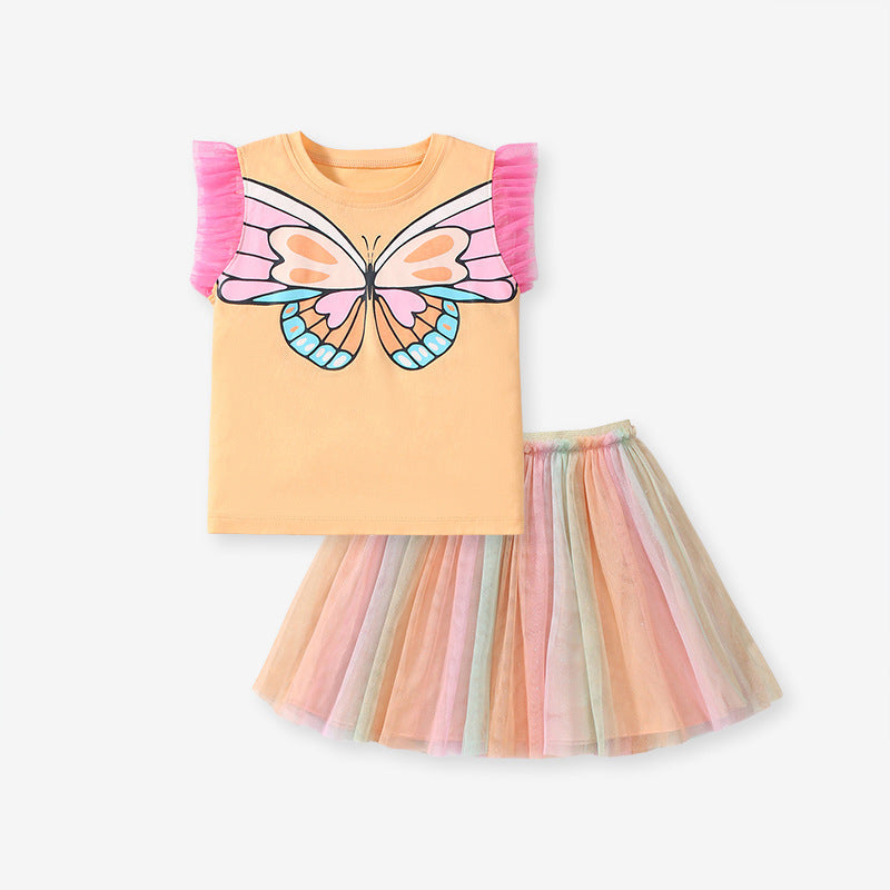 Arrival Summer Baby Kids Girls Butterfly Design Lace Sleeves Top And Pleated Skirt Clothing Set-1