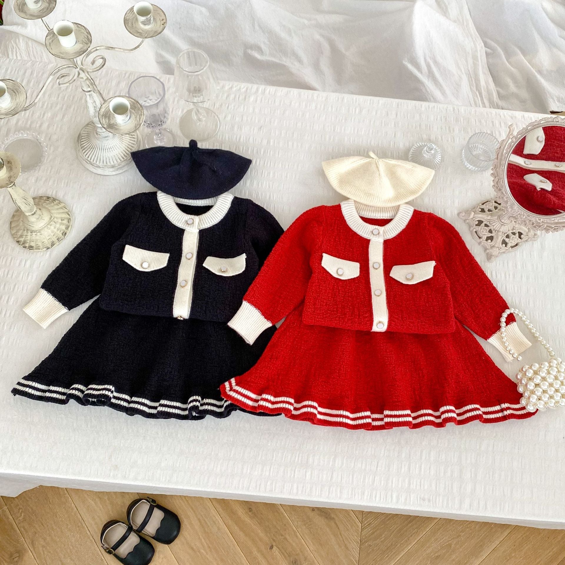 Arrival Autumn Baby Girls Long Sleeves Simple Color Patchwork Knitted Cardigan and Skirt – Clothing Set-0