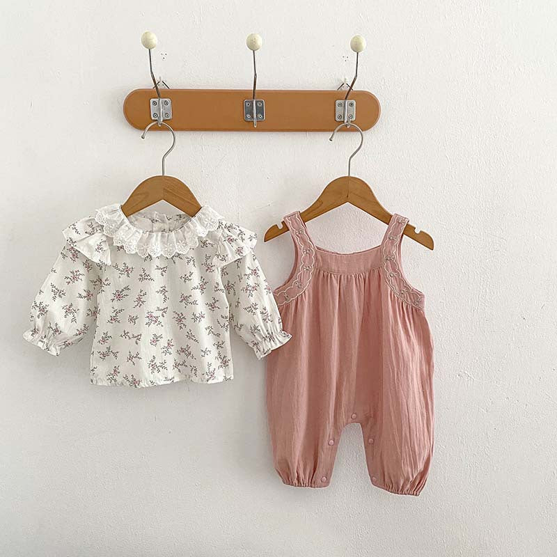 Arrival Autumn Baby Girls Floral Print Long Sleeves Top And Pink Strap Overalls Romper Clothing-0