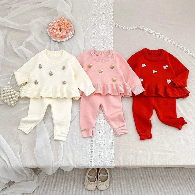 Arrival Autumn Baby Girls Long Sleeves Flowers Pattern Knitted Top with Solid Color Long Trousers Clothing Set-0