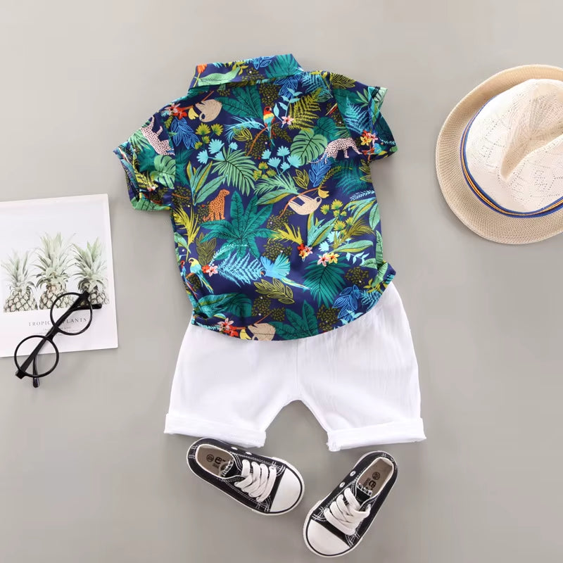 Summer Two-Piece Outfit for Baby Boys: Short-Sleeved Printed Shirt and Casual Shorts for Ages 0-5 Years