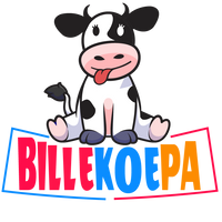 Cartoon koe met kleurrijke 'BILLEKOEPA' tekst op een witte achtergrond