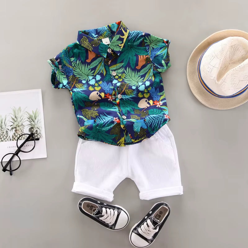 Summer Two-Piece Outfit for Baby Boys: Short-Sleeved Printed Shirt and Casual Shorts for Ages 0-5 Years
